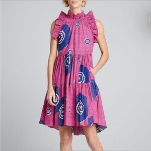 ULLA JOHNSON Tamsin Tiered Sleeveless Printed Hi-Low Dress Size 6 Pink and Blue